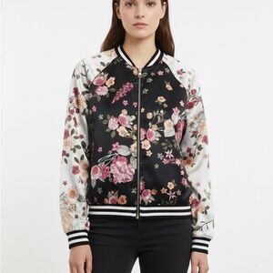 love, Fire Floral Satin Bomber Jacket - Black and White with Pink Floral